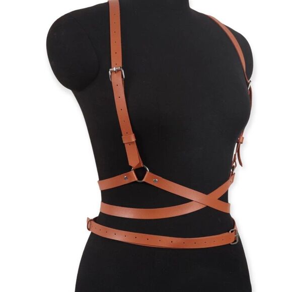 Brown  Body Harnes Adjustable Multi Waist Wrap Chest Harness Belt - Picture 4 of 4
